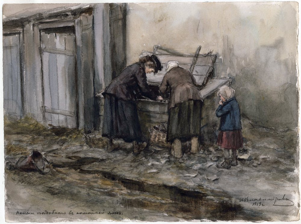 To kvinner og et barn søker etter måltidet sitt i en søppelbøtte - To kvinner og et barn søker gjennom søppelbøtten (fra serien med akvareller den russiske revolusjonen) - Vladimirov, Ivan Alexeyevich (1869-1947) - 1919 - Akvarell på papir - 25 ,8x34,5 - P av Ivan Alexeyevich Vladimirov