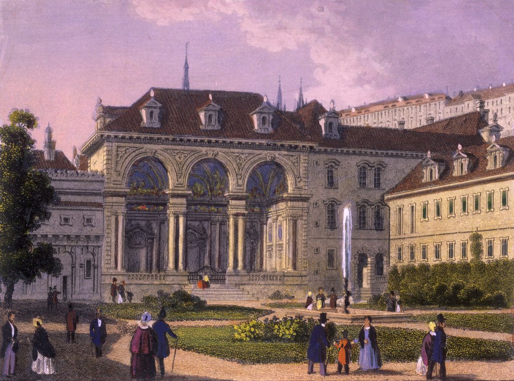 Wallenstein Garden, Praha, 1847 (farget stålgravering) av J. and Felsing, J. Koruna