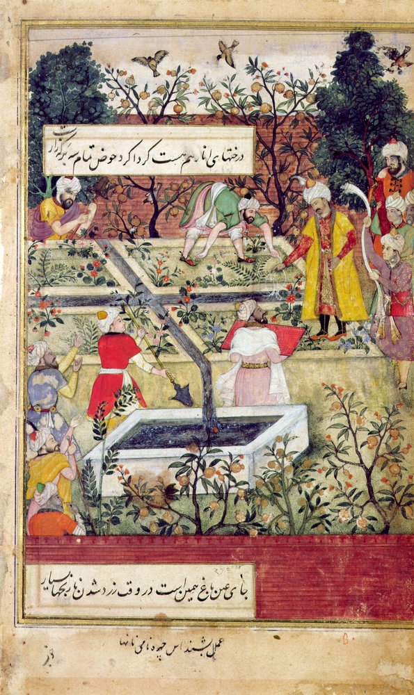 Keiser Babur (ca. 1494-1530) undersøker etableringen av en hage i Kabul, ca. 1600 av J. Dorman