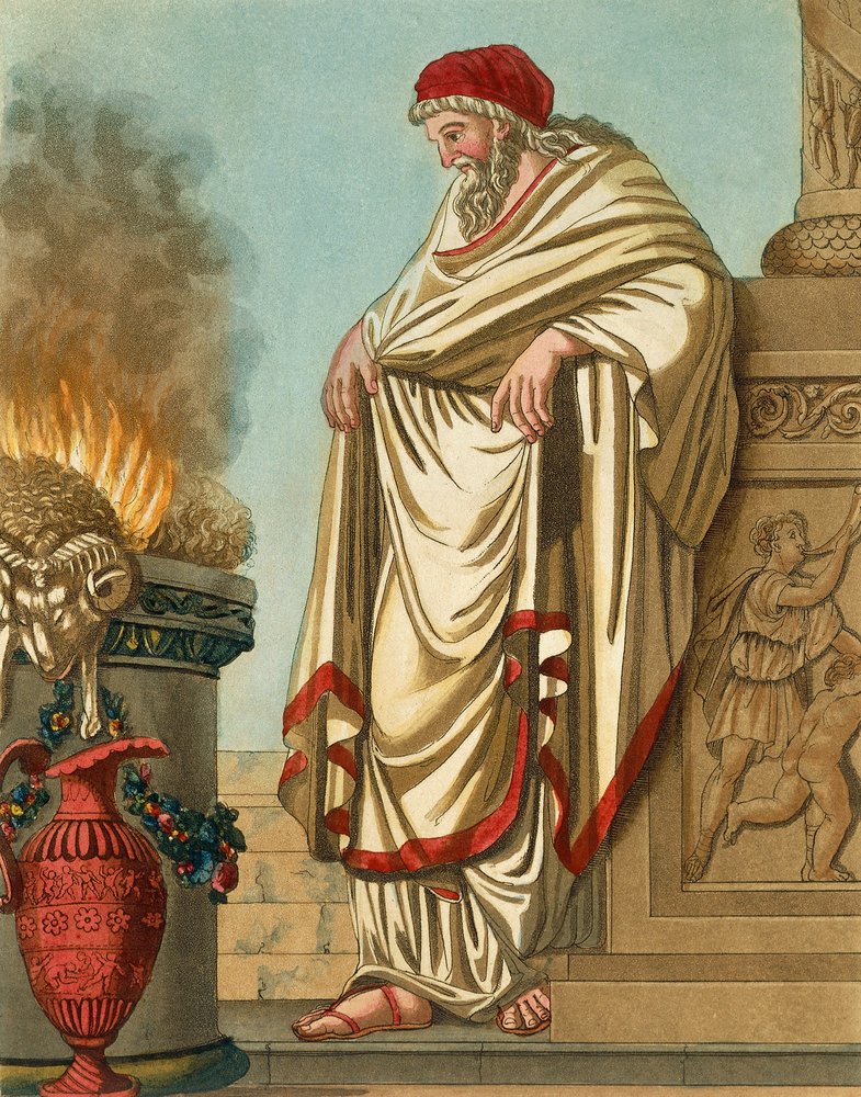 Grand Pontiff, av Jacques Grasset de Saint-Sauveur (1757-1810), gravering fra det gamle Roma, eller historisk og billedlig beskrivelse av alt relatert til romerske folk, deres militære, skikker, religiøse og offentlige liv av Jacques Grasset de Saint-Sauveur