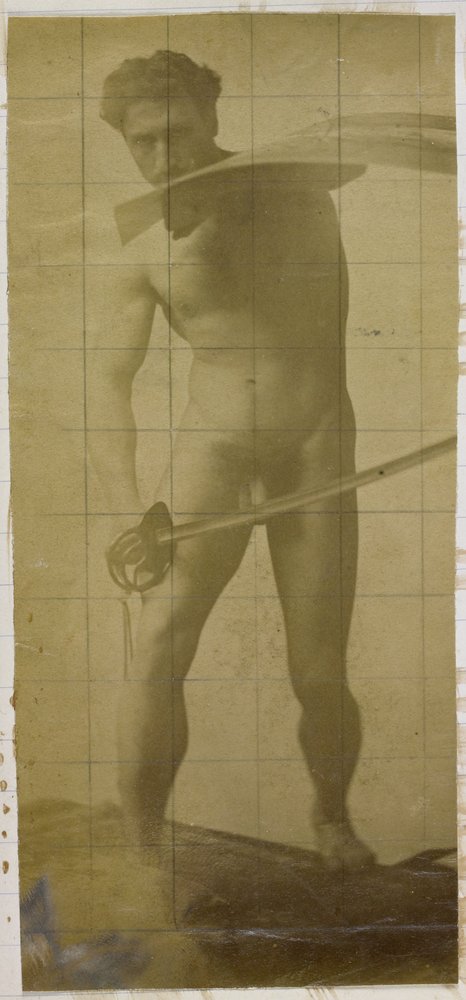 Studie av en mannlig nakenmodell, stående med sverd og skjold i hendene, i studioet til Jacques de Lalaing av Jacques Lalaing (attributed to)