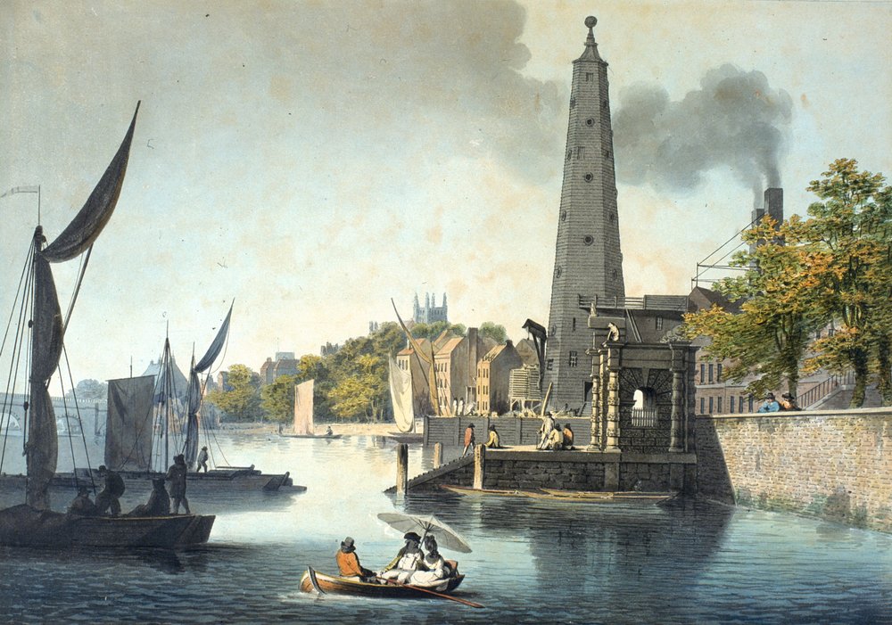 Themsen ser mot Westminster med York Water Gate og York Building Water Works (wc på papir (vevd)) av James Malton