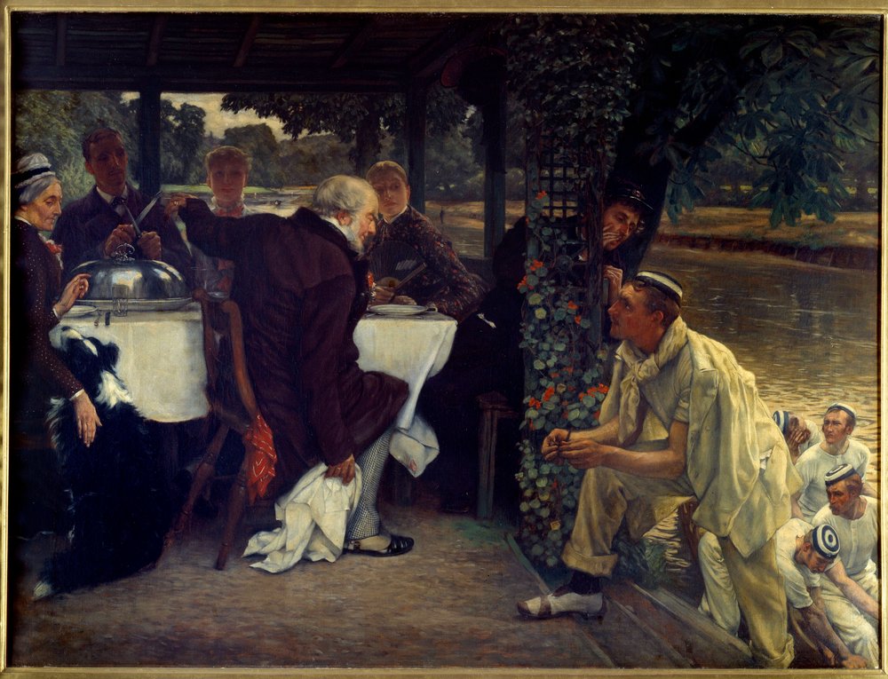 Den fortapte sønns retur: den fete kalven Moderne tilpasning av lignelsen om det fortapte barnet som vender tilbake til sin angrende far. Maleri av Jacques Joseph (Jacques-Joseph) Tissot dit James Tissot (1836-1902) 1880 Søn. 1x1,3 m Nantes, musee des Beau av James Jacques Joseph Tissot