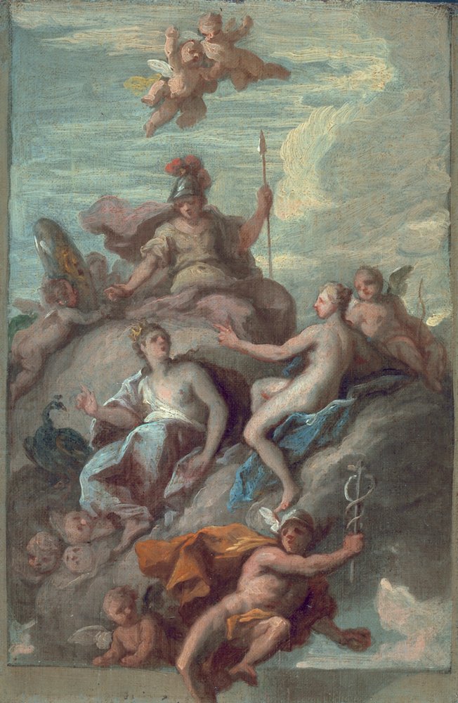 Juno, Minerva og Venus sender Mercury with the Apple of Discord, ca. 1718 av James Thornhill