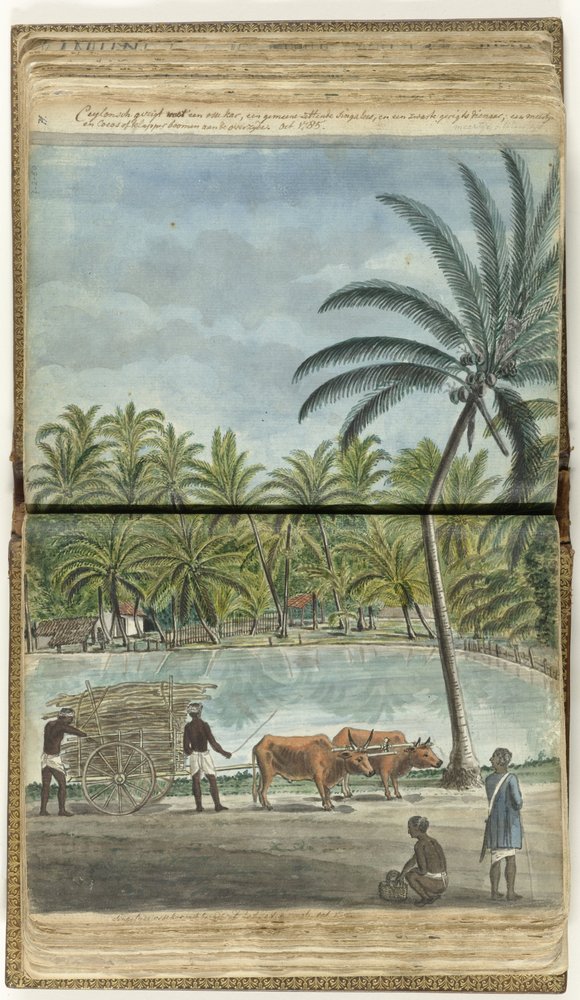 Utsikt over Ceylon med en oksekjerre, en hukende singaleser og en svart rettsbetjent av Jan Brandes