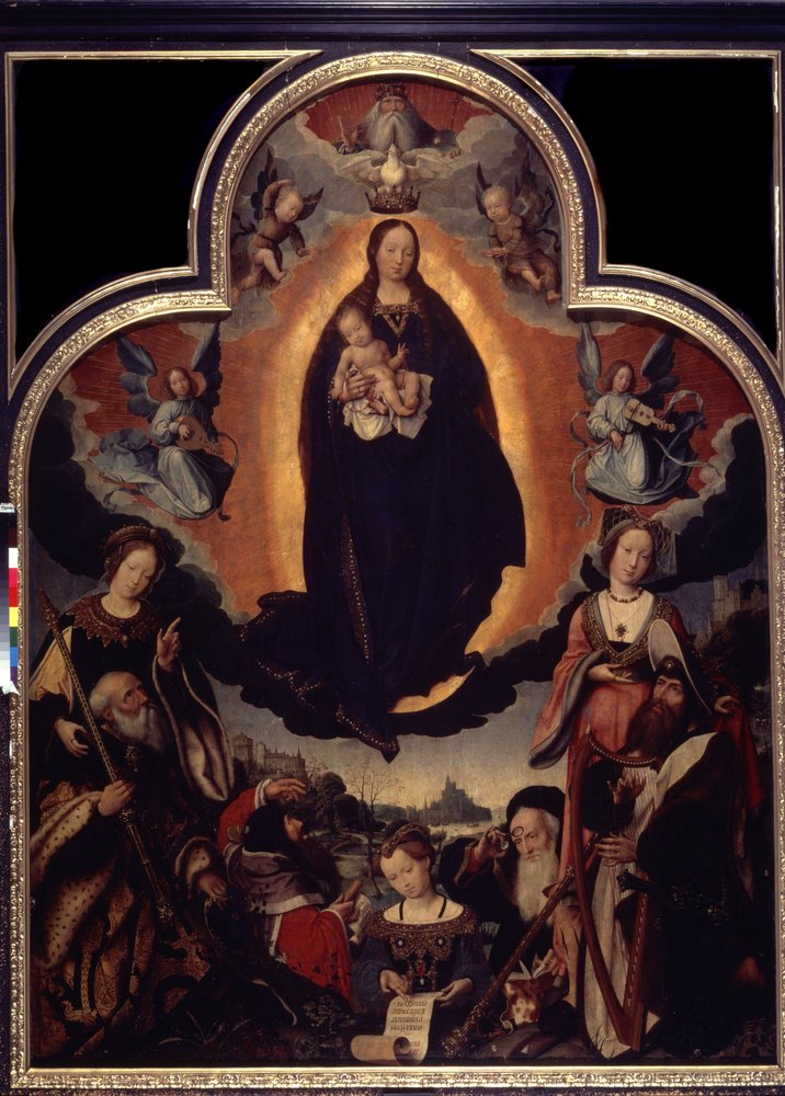""La Vierge en Gloire"" (The Glorification of the Virgin) Blant karakterene rundt Jomfruen og Jesus Kristus: Kong David som spiller harpe, den romerske keiseren Augustus (Caius Julius Caesar Octavianus Augustus) (63 f.Kr.-14 e.Kr.), profeter av Jan II Provost