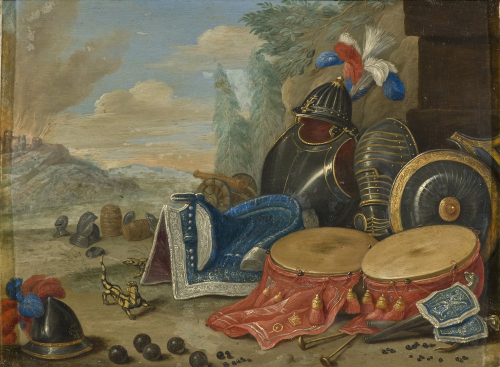 Emblemes de guerre - Krigens emblemer, av Kessel, Jan van, den eldste (1626-1679). Olje på kobber. Mål: 19x25 cm. Nationalmuseum Stockholm av Jan van the Elder Kessel