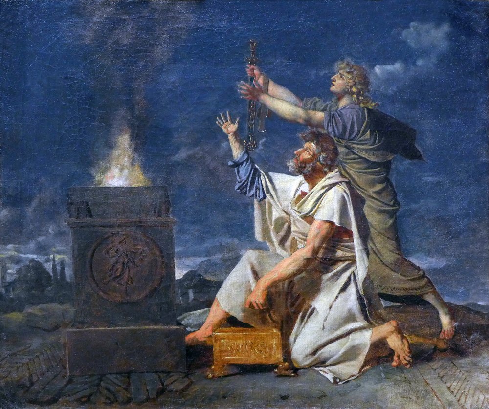 En ung romersk kriger akkompagnert av sin far ber gudene om suksessen til våpnene hans, ca. 1780 (olje på lerret) av Jean-Germain Drouais