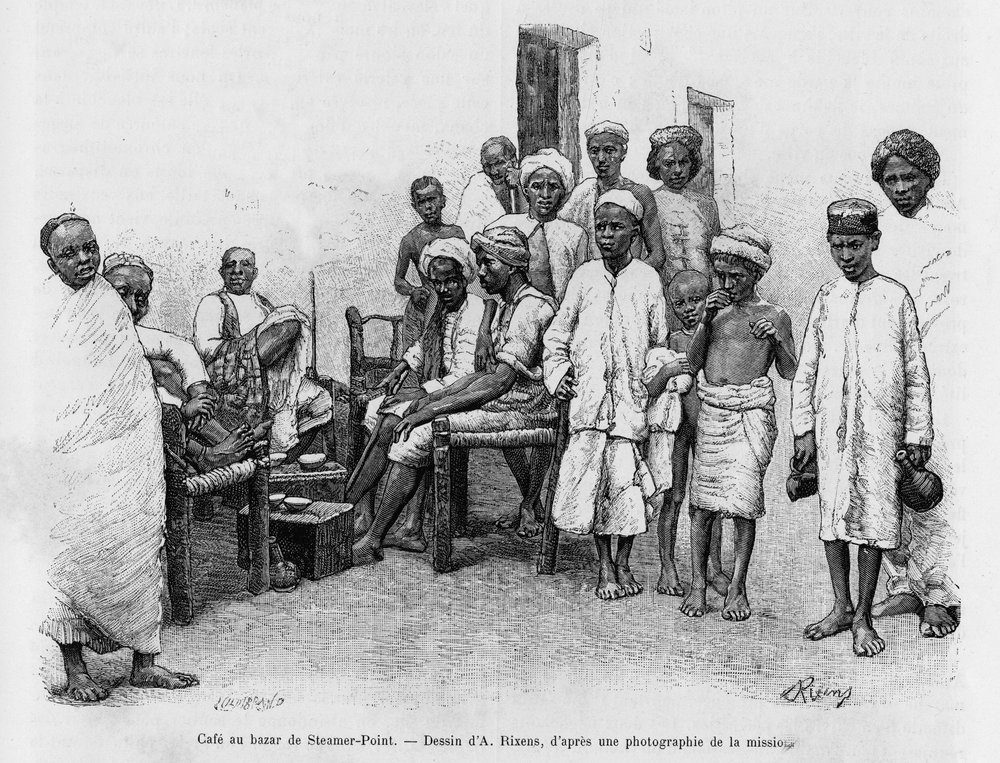 Kafe på Steamer Point Bazaar, Aden, Yemen. Gravering av A.Rixens for å illustrere historien A Suse, journal des excavilles av Jean-Andre Rixens