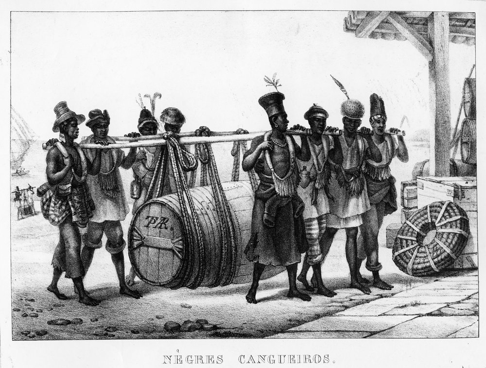 «Svarte Cangueiros» - Svarte bærere frakter en tønne, gravert av Thierry Frères (virksom 1827-45), 1835 av Jean Baptiste Debret