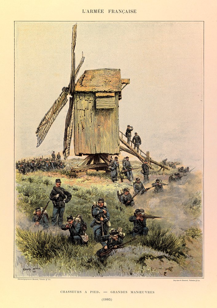 Typer og uniformer av den franske Armee av kaptein Jules Richard, illustrert av Edouard Detaille (1848-1912): Jegere til fots; de store manøvrene i 1885, Privatsamling av Jean-Baptiste Edouard Detaille