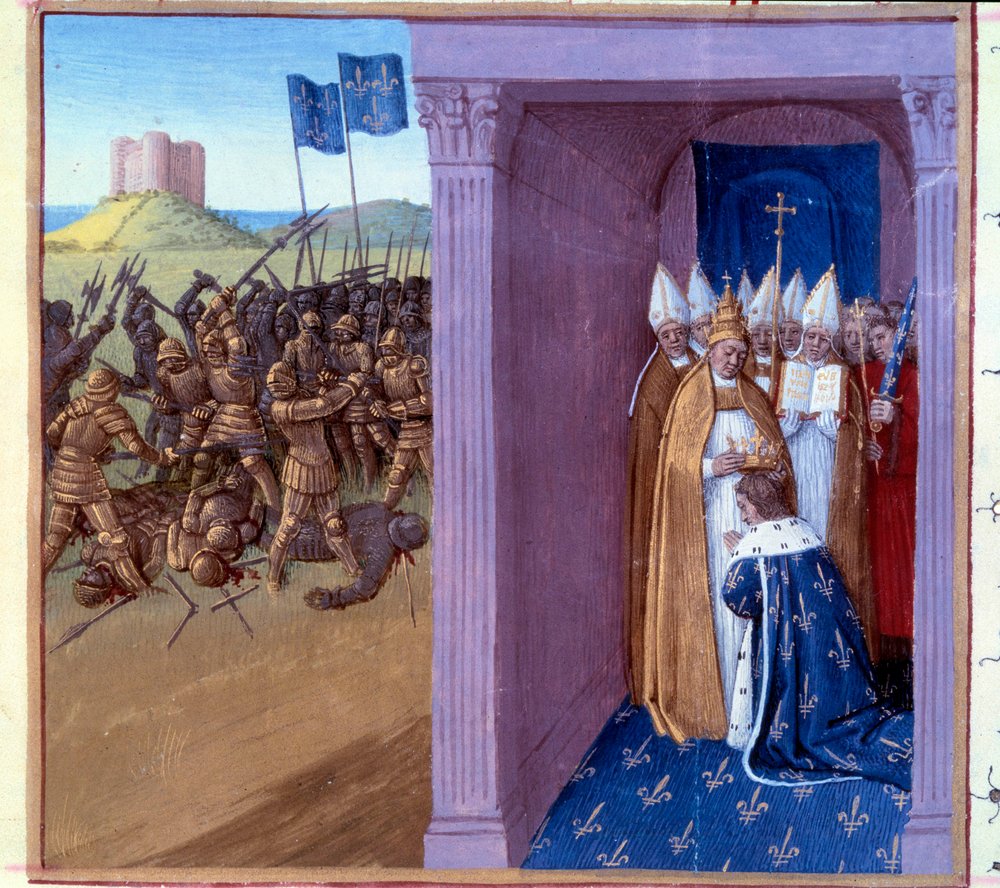 Nederlag av Griffon (scene fra venstre): Kampen til Pepin the Brief (714-768) og broren hans griffon. Rings of Pepin the Brief til Laon i 754. Miniatyr i "" Grandes chroniques de France"" (Folio 76) belyst av Jean Fouquet (1400-tallet) 1493. Paris. B N av Jean Fouquet