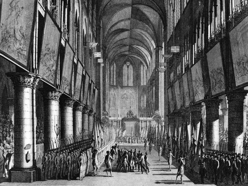 Den franske revolusjon: Nasjonalgardens faner velsignes ved monsignore Juigné i Notre-Dame-kirken den 27. september av Jean Louis II (after) Prieur