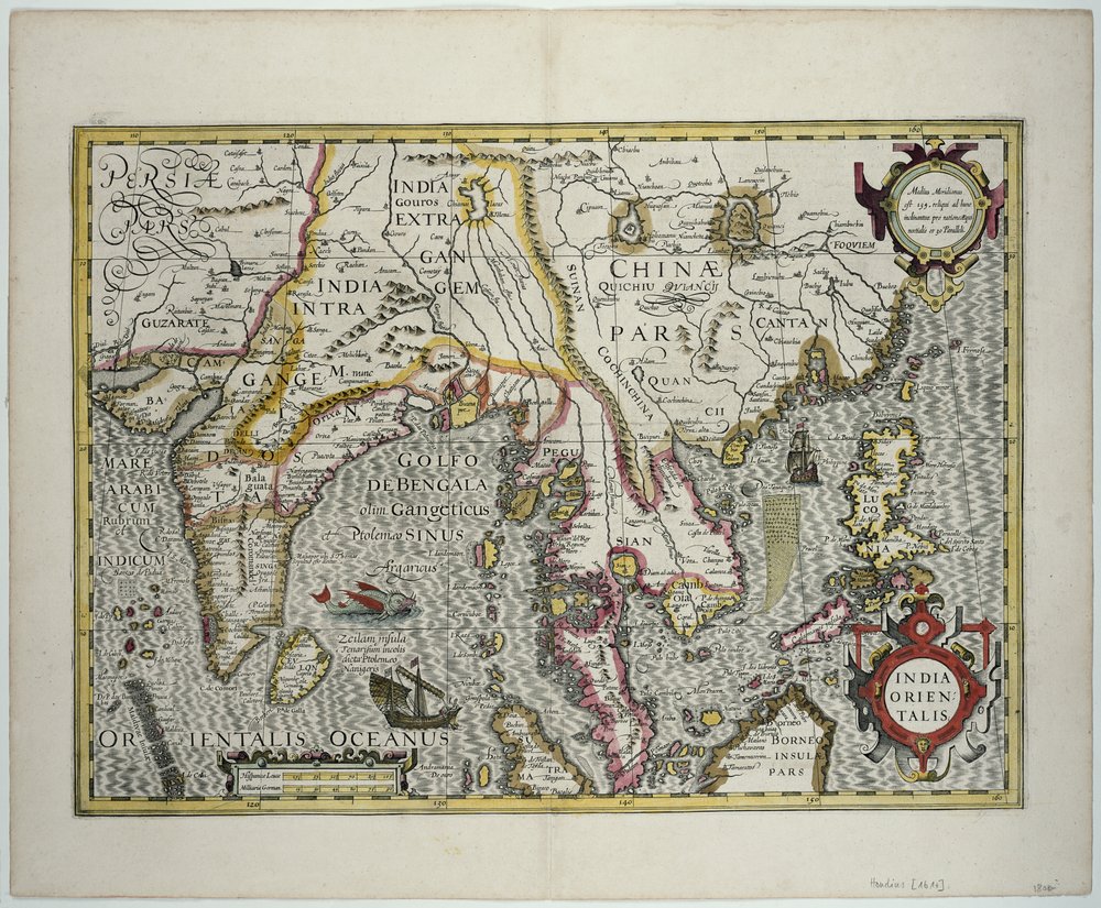 Det indiske subkontinentet til Filippinene ved hjelp av de nordlige delene av den indonesiske skjærgården og den malaysiske halvøya, tidlig på 1600-tallet (fargegravering) av Jodocus Hondius