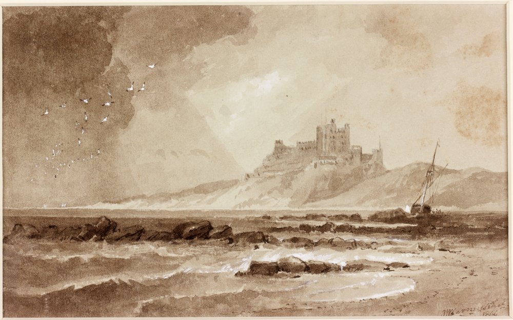 Bamburgh Castle fra nord (blekk (sepia) på papir) av John Wilson Carmichael