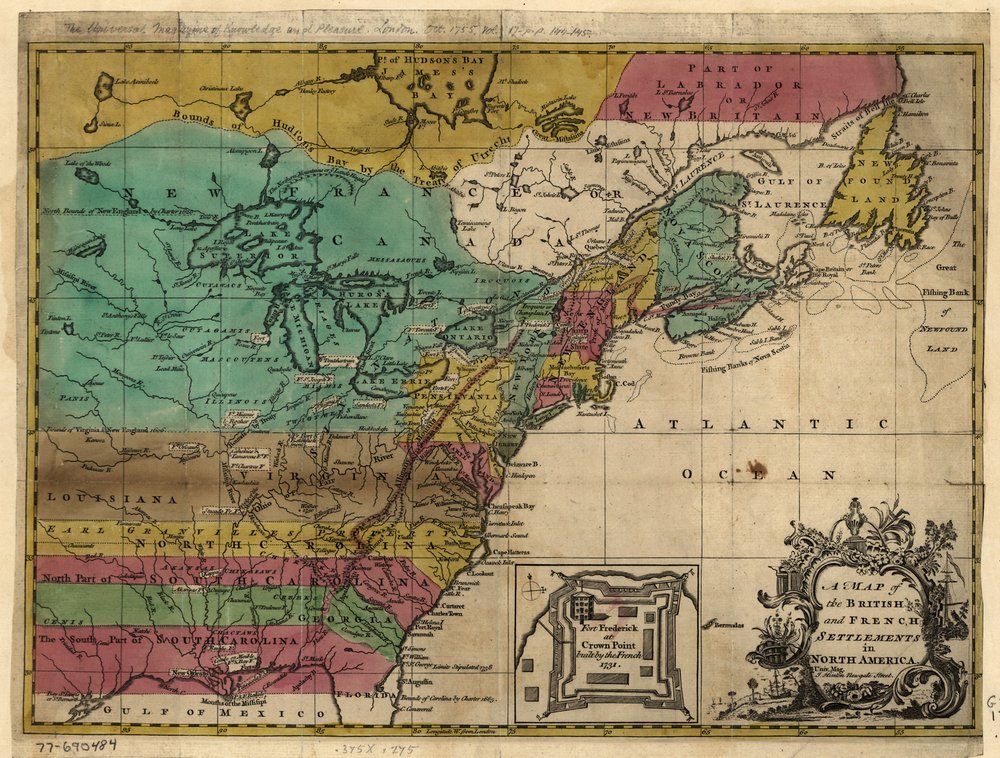 Et kart over de britiske og franske bosetningene i Nord-Amerika. LOC 77690484 av John Hinton