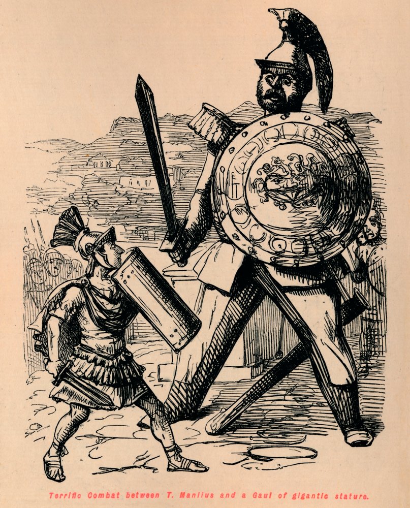 Fantastisk kamp mellom T Manlius og en galler med gigantisk størrelse, 1852 av John Leech