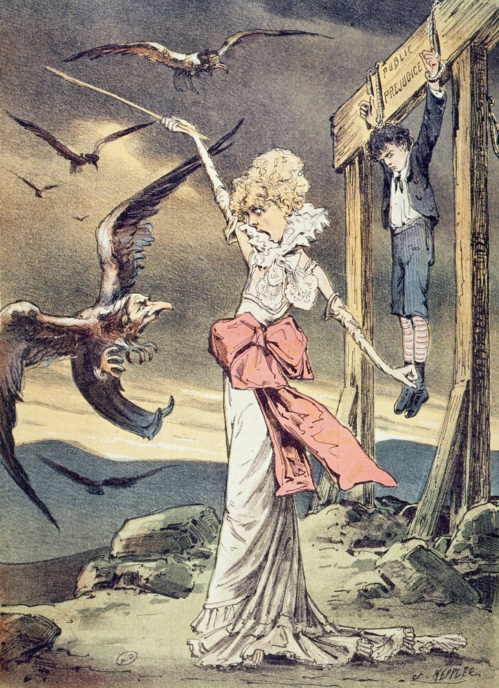Karikatur av Sarah Bernhardt fremstilt som den gamle testamentets heltinne Rizpah som beskytter sønnen hennes mot de geistlige gribbene i den katolske kirke, illustrasjon fra magasinet 