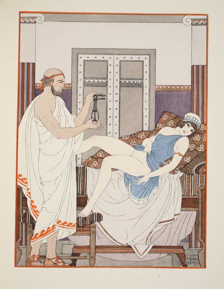 Gynekologisk undersøkelse, illustrasjon fra «The Works of Hippocrates», 1934 av Joseph Kuhn-Regnier