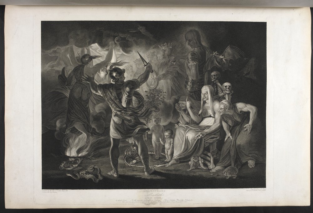 Macbeth. Akt IV. Scene I. En mørk hule. I midten koker en gryte. Tre hekser. Macbeth. Hekate. Macbeth står overfor heksene og åpenbaringene; ved føttene hans, inne i en sammenkrøllet slange, står et lite blodig barn og et barn som bærer en krone og holder av Joshua (after) Reynolds