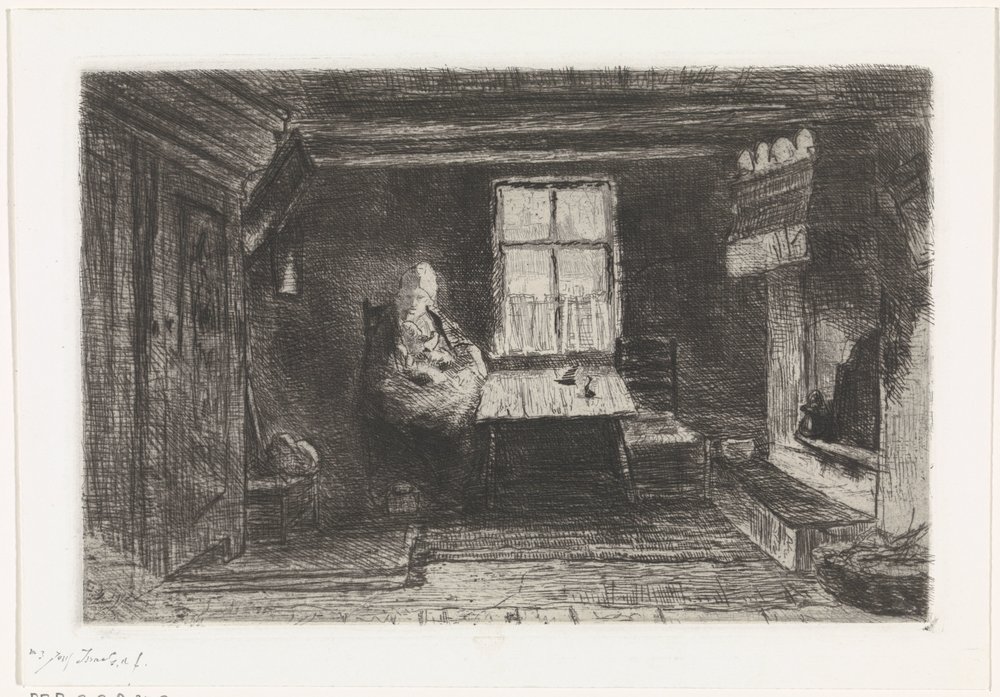Interiør med mor og barn av Jozef Israëls (signed by artist)