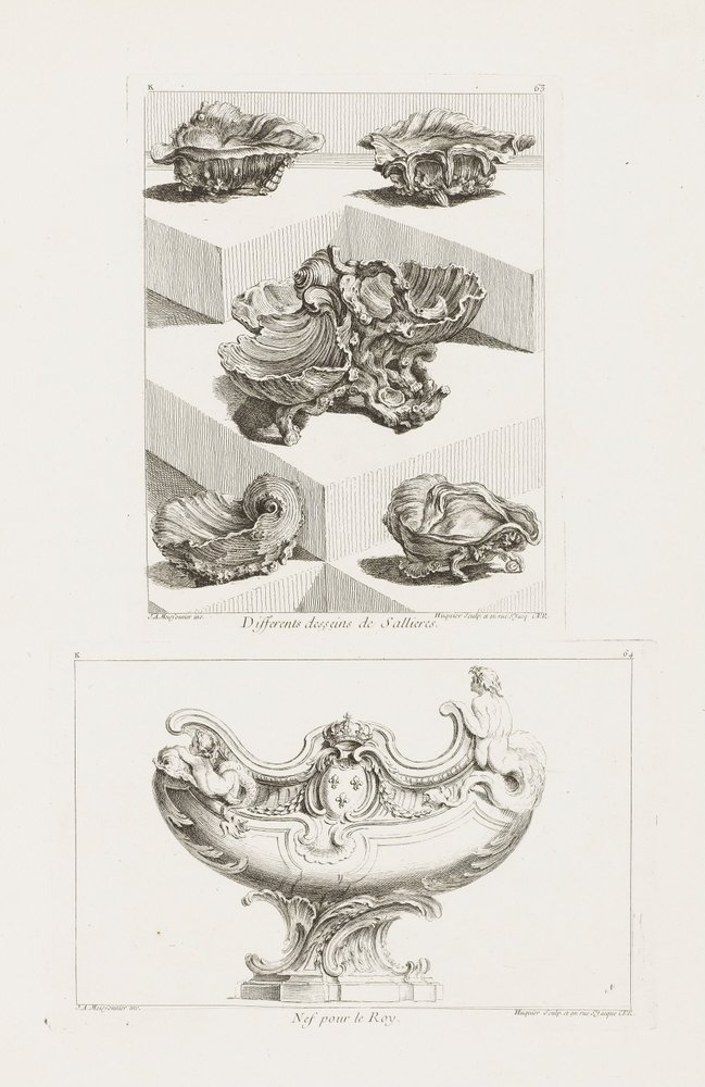 Different Desseins de Sallieres (forskjellige design for saltretter), pl. 63 i Work of Juste-Aurele ... av Juste-Aurèle Meissonnier