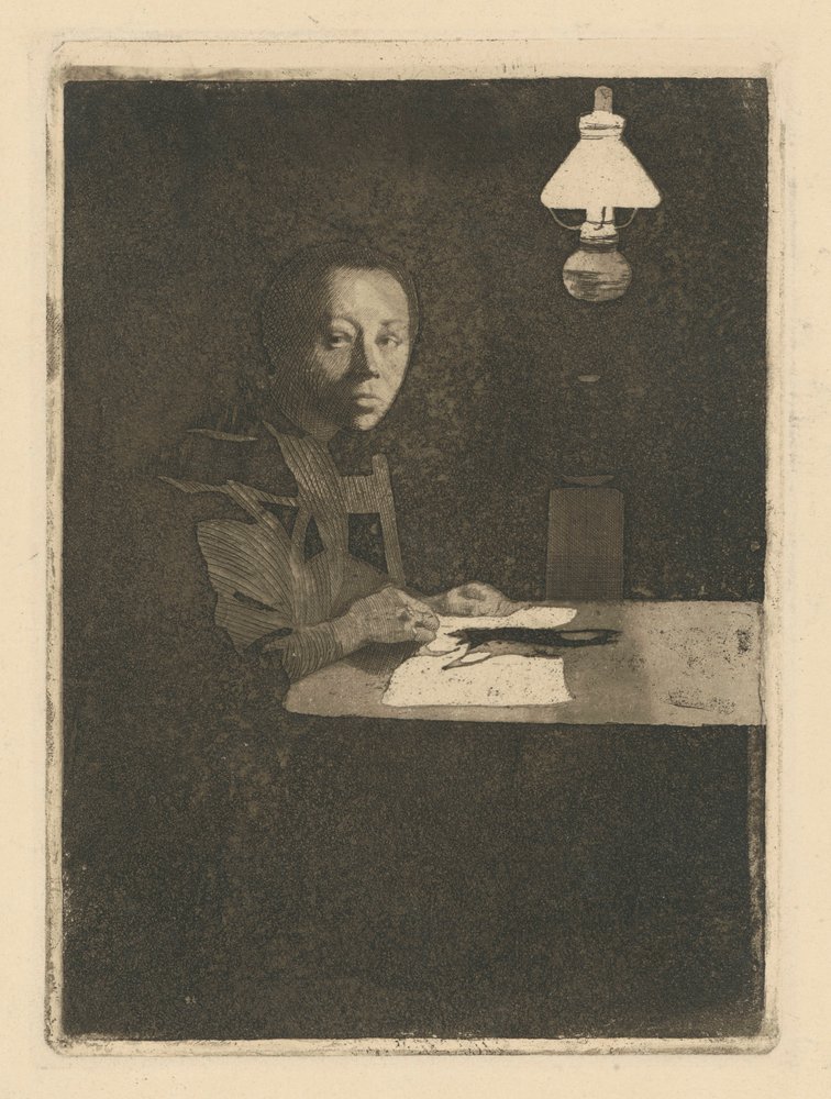 Selvportrett ved bordet (Endelig versjon, 3. tilstand) av Käthe Kollwitz