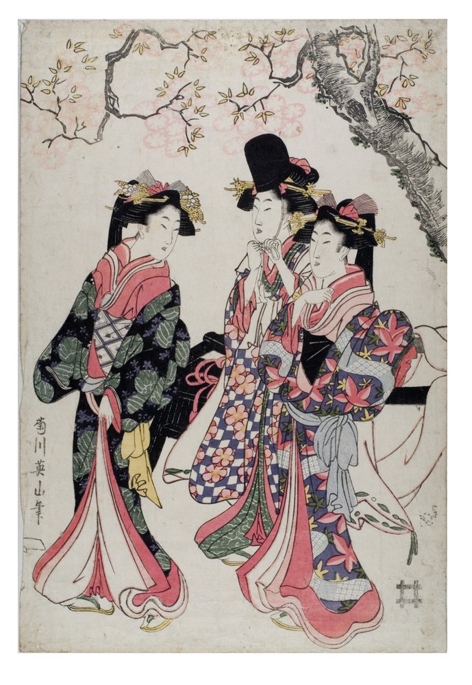 Tre kurtisaner som går under et blomstrende kirsebærtre. Kledd i hoffkostyme, ca. 1790–1815 (tresnitt på papir) av Kikugawa Eizen