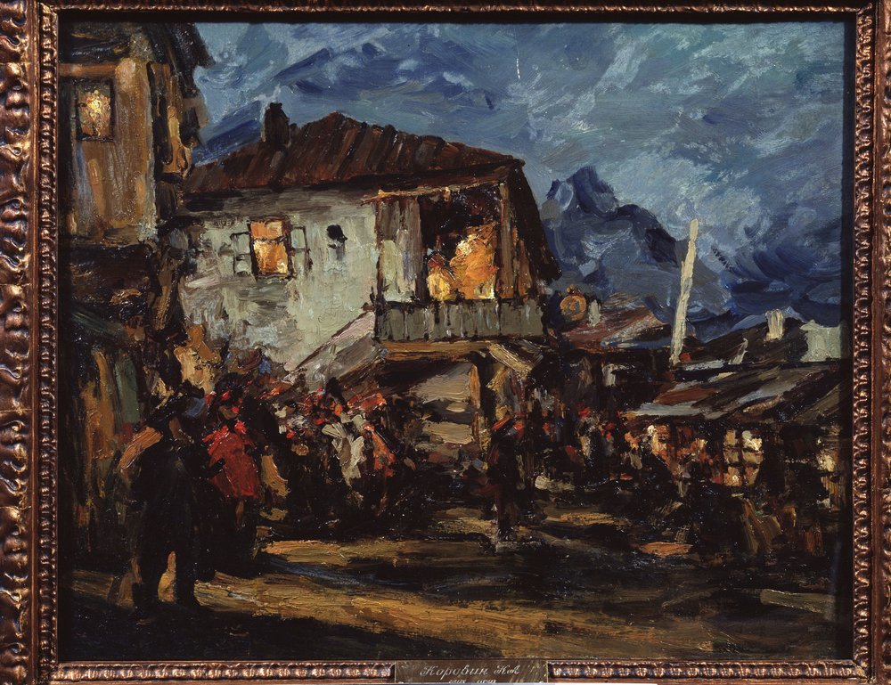 Gurzuf (Krim) (Gurzuf). Gatebilde i havnelandsbyen med trehus. Maleri av Konstantin Alexeyevich Korovin (Constantin Korovin) (1861-1939), olje på lerret av Konstantin Alekseevich Korovin