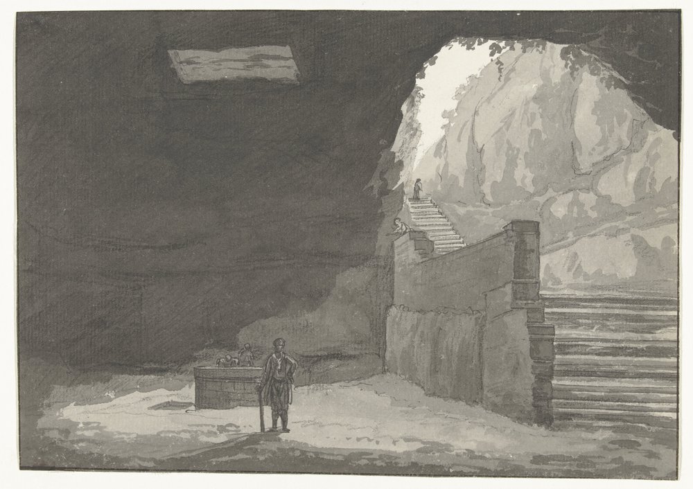 Grot en fontein in the old stad Manduria Cave & Fountain of the Mandurians nevnt i Plinius Travels in Italy, Sicilia and Malta - 1778 (serietittel) av Louis Ducros