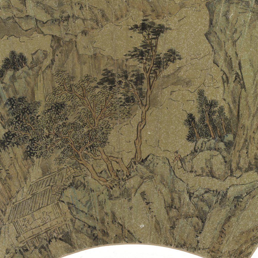 Detalj av landskap med innsjø, fjell og figurer i sommerhus, ca. 1540 blekk og farger på gullpapir av Lu Zhi