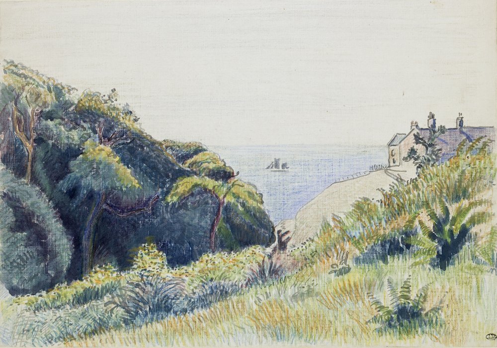 The Coastguards House, Ecclesbourne, 1918 (penn og grått blekk og fargestifter på teksturert papir) av Lucien Pissarro