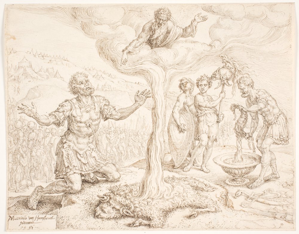 Gideon kneler i bønn (Historien om duggen og ullflåten) av Maarten van Heemskerck