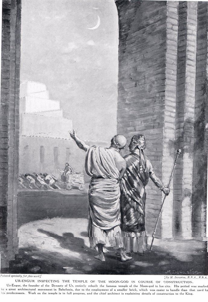 Ur-Engur inspiserer Månegudens tempel under bygging, illustrasjon fra Hutchinsons #39;History of the Nations#39; (lito) av Margaret Dovaston