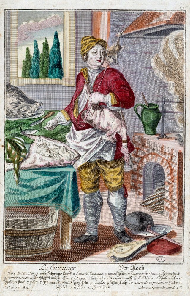 Kokken. Gravering av Martin Engelbrecht (1684-1756), i "" New assembly of the manouvries habilles"" 1700-tallet, Tyskland. Paris, dekorativ kunst av Martin Engelbrecht