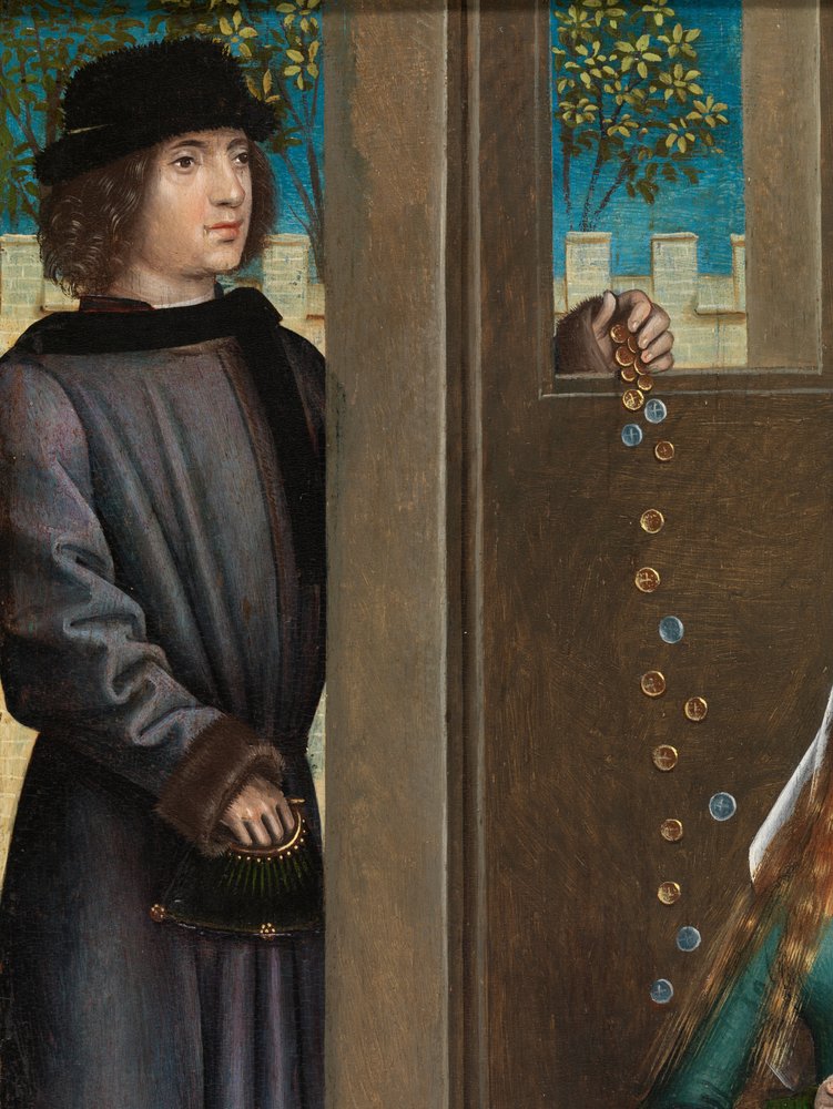 Detalj av St. Nicholas' veldedighet, fra St. Nicholas altertavle, ca. 1486-93 (olje på panel) av Master of The Legend of St. Lucy