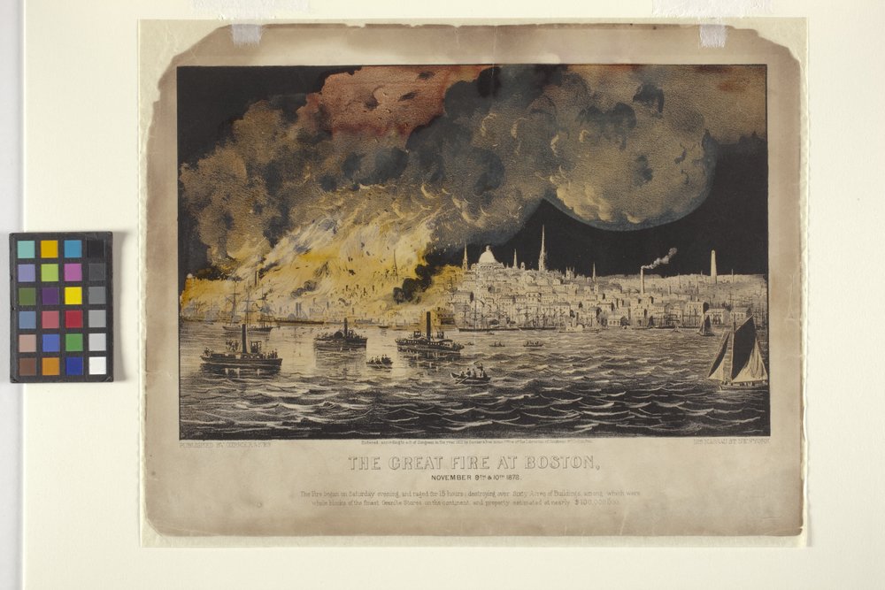 The Great Fire At Boston (håndfarget litografi) av N. and Ives J.M. (1824-95) Currier