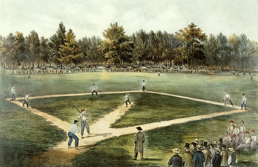 Det amerikanske nasjonalspillet baseball - Stor kamp på Elysian Fields, Hoboken, New Jersey, 1866 av N. and Ives, J.M. Currier