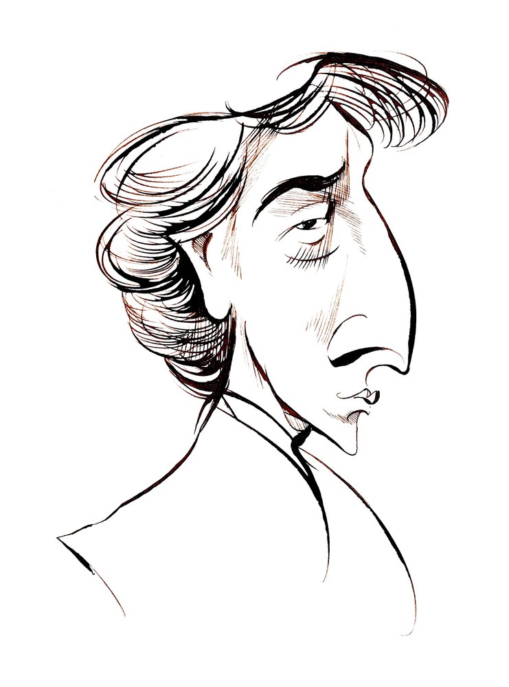 Frederic Chopin, fransk - polskfødt komponist og pianist sepia-linjekarikatur av Neale Osborne