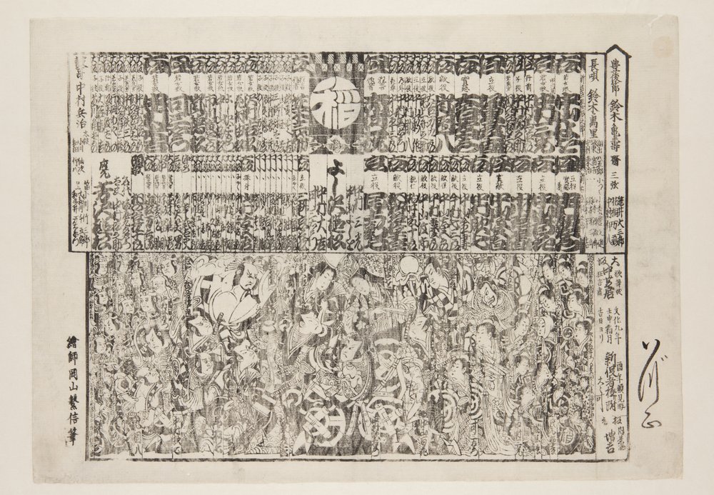 Playbill for sesongåpningsprogram (Kaomise banzuke) (farget treblokktrykk) av Okayama Shigenobu
