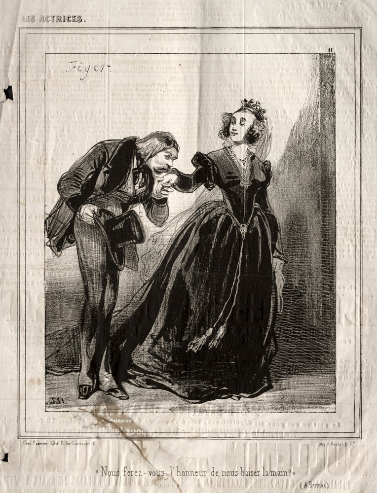 Skuespillerinnene: Vil De gjøre oss den ære å kysse hånden vår?, 1843. av Paul Gavarni