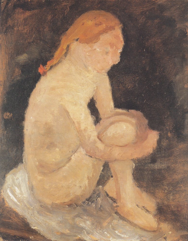 Sittende jenteakt mot høyre, med bena trukket opp av Paula Modersohn-Becker