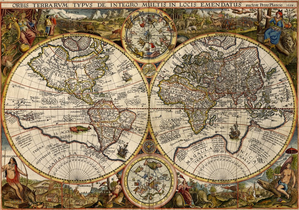 Orbis Terrarum Typus... (dobbelt hemisfærisk verdenskart) av Petrus & Doetichum Jan van younger Plancius