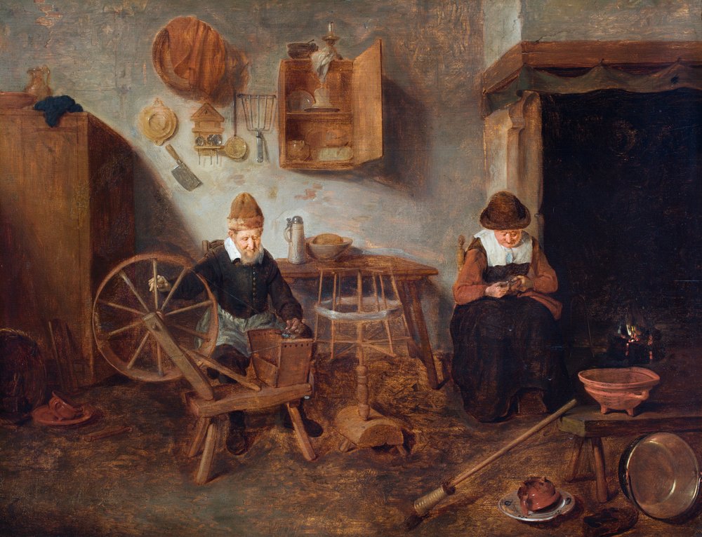 Et interiør med en gammel mann som spinner og en gammel kvinne som syr ved et bål (olje på panel) av Quiringh Gerritsz. van Brekelenkam