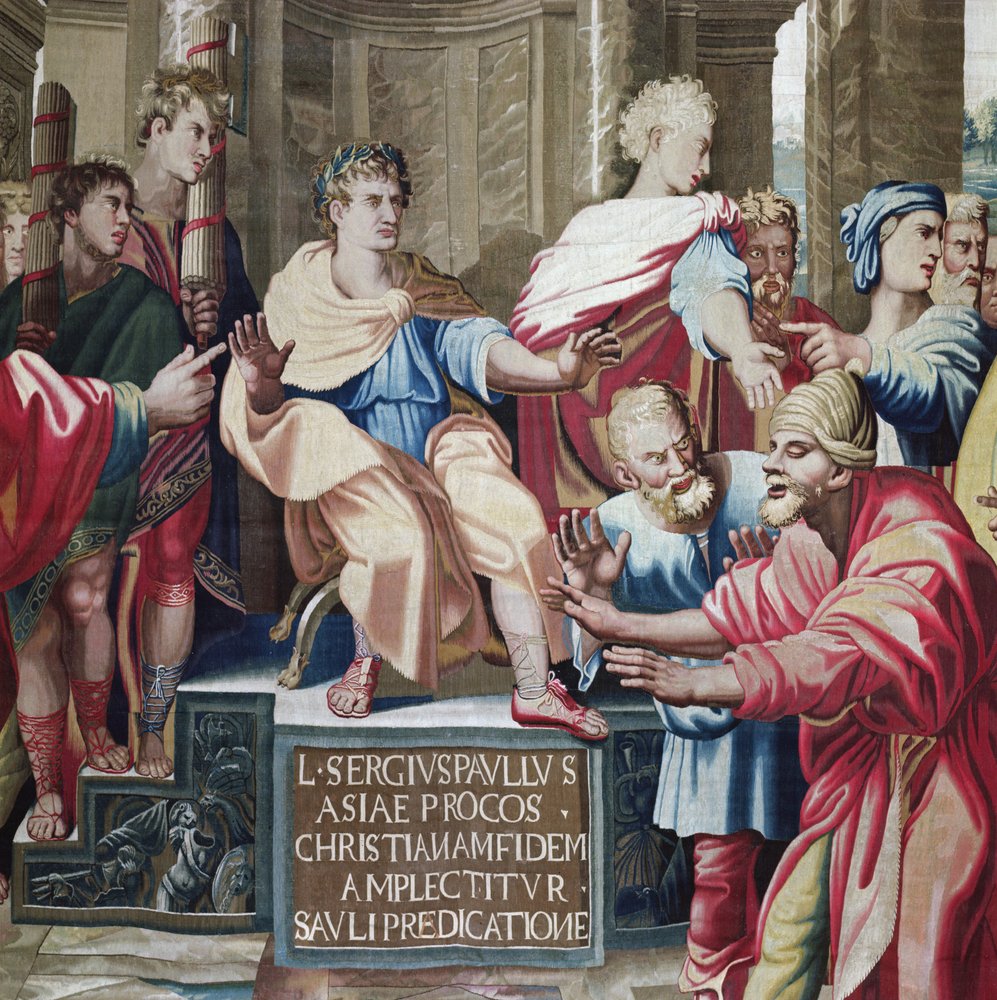 Tapet som skildrer Apostlenes gjerninger, blindingen av Elymas-detaljene til Elymas trollmannen slo blind og prokonsul Sergius Paulus, vevd på Beauvais-verkstedet under ledelse av P av Raffaello Sanzio Raphael