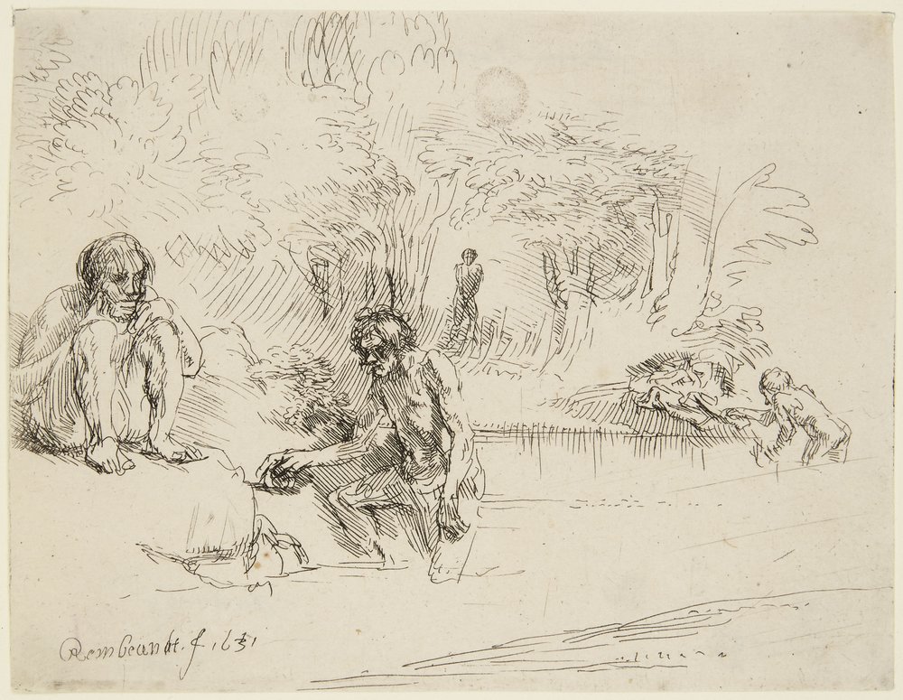 «Badegjestene» (Bartsch 195; Hind 250 II) av Rembrandt van Rijn