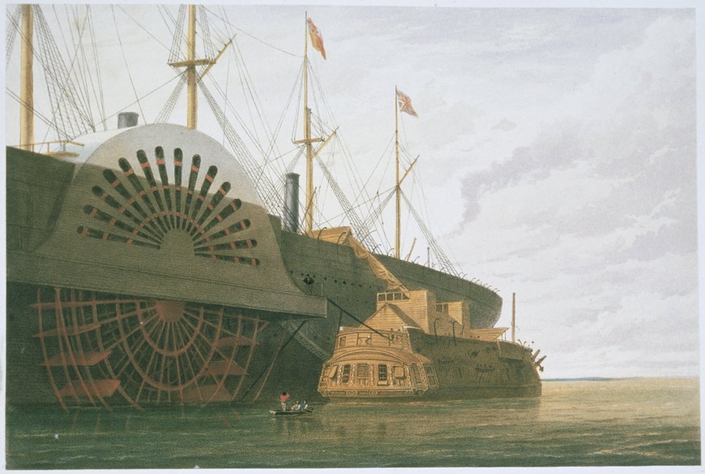 Den gamle fregatten HMS Agamemnon med sin kabelvekt ved siden av SS Great Eastern, fra «The Atlantic Telegraph» av William Howard Russell, utgitt 1866 (fargelitografi) (se også 192775-780) av Robert Dudley