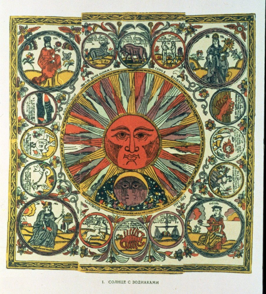 The Sun and the Zodiac, russisk, sent på 1700-tallet (tresnitttrykk) av Russian School