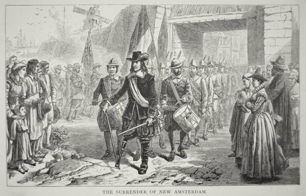 Guvernør Peter Stuyvesant overgir New Amsterdam til britene i 1664 (litho) av School American