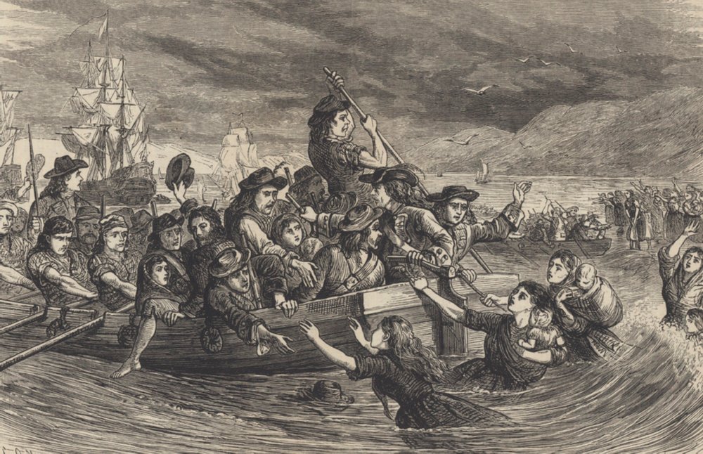 The Wild Geese - Jacobite irske soldater forlater Limerick for Frankrike i 1691 (gravering) av School English